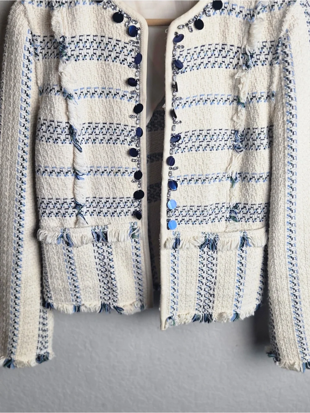Tory Burch Abbott Jacket 2 Ivory Blue Striped Tweed Fringe Embellished Blazer